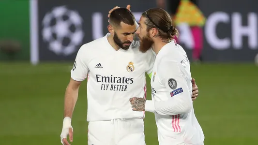 Sergio Ramos of Real Madrid with Karim Benzema of Real Madrid during the UEFA Champions League match between Real Madrid and Atalanta