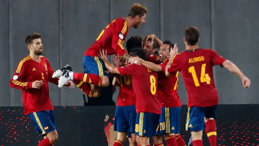 Spain's team players celebrates a goal against Georgia during their World Cup 2014 Group I qualifying soccer match between Georgia and Spain in Tbilisi