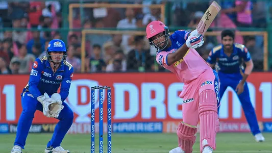 Sanju Samson plays a shot during the Vivo Indian Premier League IPL T20 cricket match between Rajasthan Royals and Mumbai Indians at Sawai Mansingh Stadium