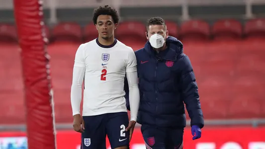 England's Trent Alexander-Arnold walks out of pitch after an injury during the international friendly soccer match between England and Austria at the Riverside stadium in Middlesbrough