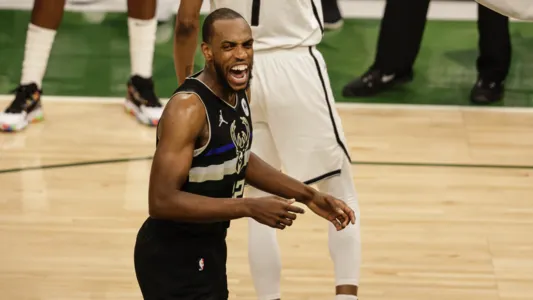 Khris Middleton reacts during the second half of Game 6 of a second-round NBA basketball playoff series against the Brooklyn Nets, Thursday, June 17, 2021, in Milwaukee