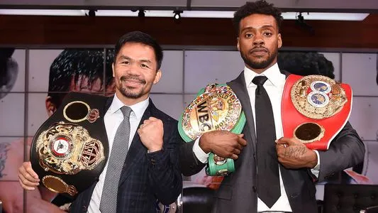 Manny Pacquiao and Errol Spence Jr during the Fox Sports Press Conference, Los Angeles, California, USA, July 11, 2021