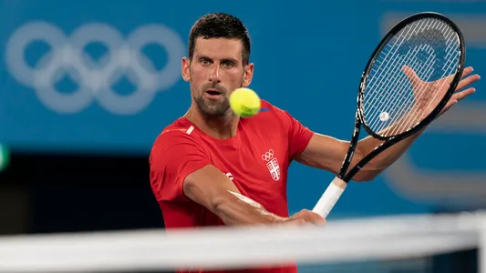 Novak Djokovic practices at the Ariake Tennis Center ahead of the 2020 Summer Olympics, Wednesday, July 21, 2021, in Tokyo, Japan