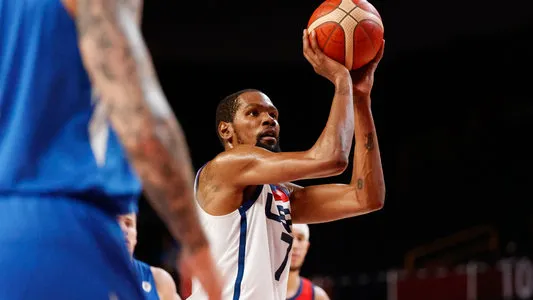 Kevin Durant scores free throws during the USA's 119-84 win over the Czech Republic, leading the Americans into the quarterfinals of the Olympic men's basketball tournament