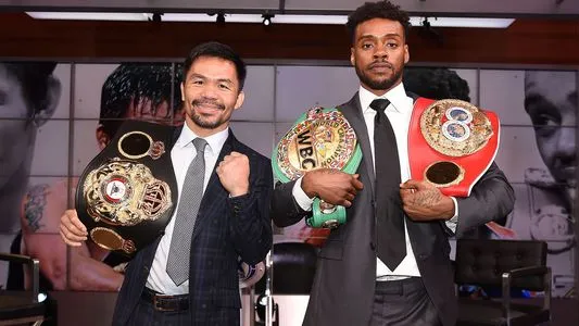Manny Pacquiao and Errol Spence Jr. during the Fox Sports Press Conference, Los Angeles, California, USA, July 11, 2021