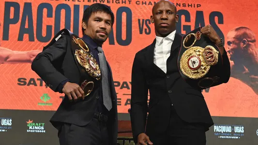 Manny Pacquiao, Yordenis during the Fox Sports PBC PPV press conference, Las Vegas, Nevada, USA, August 18, 2021 | Photo by: Scott Kirkland