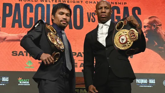 Manny Pacquiao and Yordenis Ugas during the Fox Sports PBC PPV press conference, Las Vegas, Nevada, USA, August 18, 2021 | Photo by: Scott Kirkland