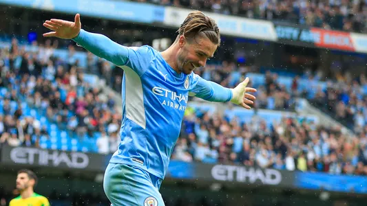 Jack Grealish #10 of Manchester City celebrates his first goal for the club making it 2-0 to City in Manchester