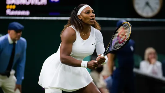 Serena Williams inn action during the first round of the 2021 Wimbledon Championships Grand Slam tennis tournament against Aliaksandra Sasnovich