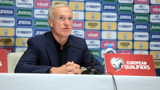 Head coach of France Didier Deschamps is pictured during a news conference following a 1-1 draw against Ukraine