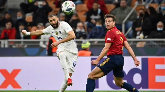 France's Karim Benzema scores his side's first goal during the UEFA Nations League final soccer match between France and Spain at the San Siro stadium