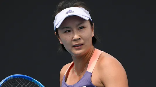 Peng Shuai reacts during her first round singles match against Japan's Nao Hibino at the Australian Open tennis championship in Melbourne, Australia on Jan. 21, 2020