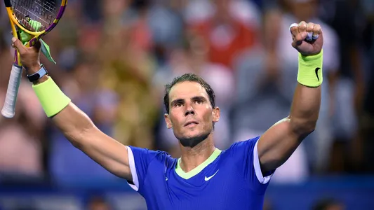 Rafael Nadal reacts to the crowd after he defeated Jack Sock, of the United States, at the Citi Open tennis tournament Wednesday, Aug. 4, 2021, in Washington.