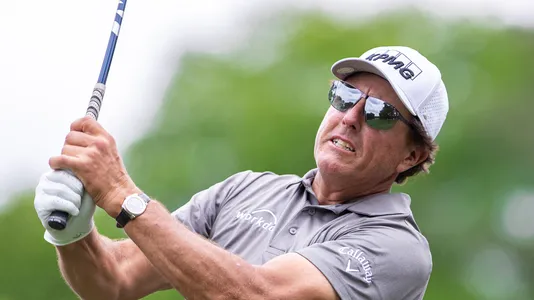 CHARLOTTE, NC, USA - May 4, 2021: Five time major champion winner, Phil Michelson, hits a drive as he plays in the 2021 Wells Fargo Championship. β Photo by dleindecdp