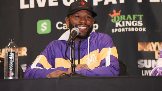 Floyd Mayweather during their press conference after an exhibition boxing match against Logan Paul at the Hard Rock Stadium, Miami Gardens, Florida, June 6, 2021 Photo by Larry Marano