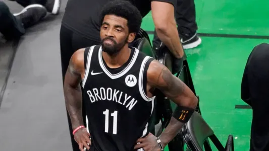 Kyrie Irving acknowledges fans after they defeated the Boston Celtics in Game 4, first-round playoff series, Sunday, May 30, 2021, in Boston, MA