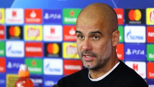Manchester City manager Josep "Pep" Guardiola attends the press-conference after the UEFA Champions League game against Shakhtar Donetsk in Kharkiv, Ukraine — Photo by katatonia82