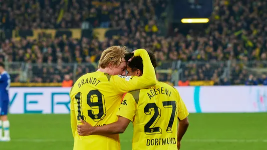 Julian Brandt and Karim Adeyemi. The match of match UEFA Champion League Borussia Dortmund vs FC Chelsea at SIGNAL IDUNA PARK — Photo by vitaliivitleo