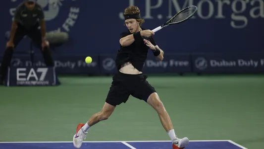 Andrey Rublev playing the finals in Dubai against Daniil Medvedev (not pictured). March 4, 2023. Dubai. Photo Courtesy: Dubai Duty Free Tennis CHampionships Media.