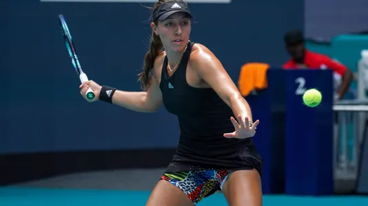 MARCH 30, 2022: Professional tennis player Jessica Pegula of USA in action during Miami Open 2022 quarter-final match at the Hard Rock Stadium in Miami Gardens, Florida — Photo by zhukovsky