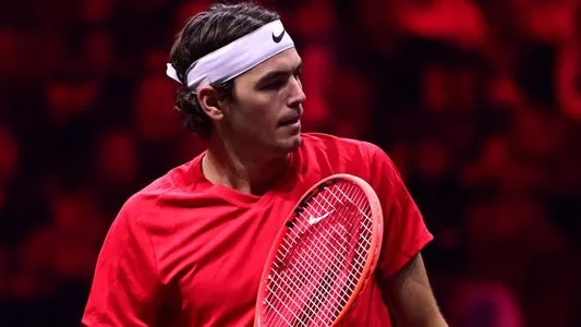 Taylor Fritz representing Team World at Laver Cup against Team Europe Andrey Rublev. September 23, 2023. Photo courtesy: Laver Cup Media.