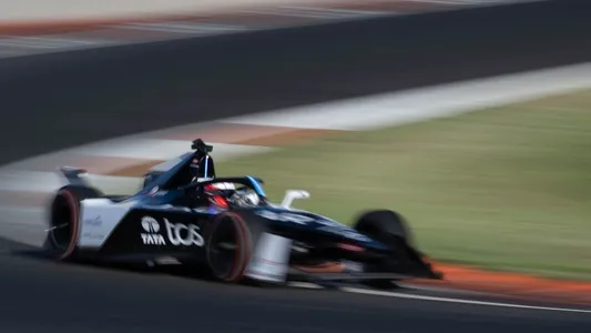 Jaguar TCS Racing Mitch Evans at the wheel of the Jaguar I-TYPE 6 in Valencia, Spain. Circuit Ricardo Tormo. October 24, 2023. Photo courtesy: ABB FIA Formula E World Championship/Simon Galloway.