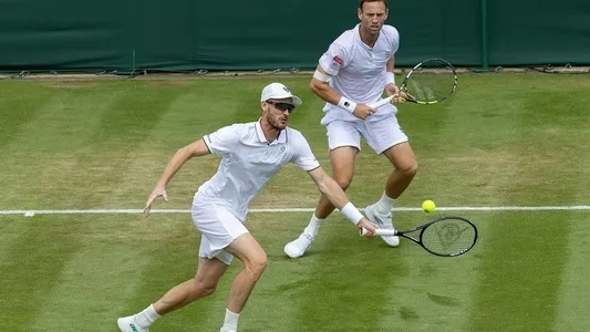 Jamie Murray and Michael Venus contesting their doubles second round at Wimbledon. July 12, 2023. London, Great Britain. Photo courtesy: AELTC/Kieran Cleeves.