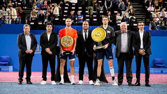 Borna Coric, Kamel Chibli, Alexander Bublik and tournament director Sebastien Grosjean during the trophy ceremony. February 4, 2024. Montpellier, France. Photo courtesy: Open Sud de France/Antoine Ludger.
