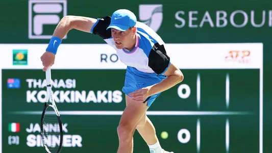 Jannik Sinner on serve during his match against Thanasi Kokkinakis (not pictured) in Indian Wells, California. March 8, 2024. Photo courtesy: BNP Paribas Open.