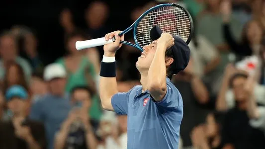 Kei Nishikori makes it through to the second round at the Australian Open after an epic five set victory over Thiago Monteiro (not pictured). January 11, 2025. Photo credit: Australian Open Media.