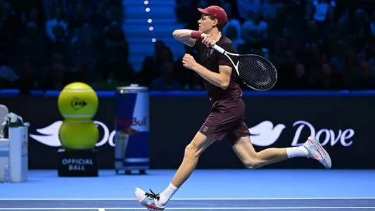Jannik Sinner playing at the Nitto ATP Finals in Turin, Italy. November 2025. Photo credit: Corinne Dubreuil/ATP Tour.