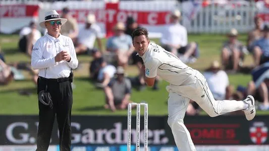 New Zealand’s Trent Boult bowls during the forth day of the first cricket test between England and New Zealand at Bay Oval in Mount Maunganui