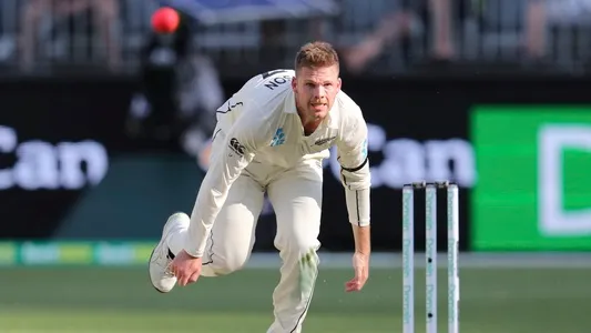 New Zealand's Lockie Ferguson bowls to Australia's Steve Smith during play in their cricket test in Perth