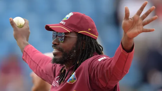 West Indies' Chris Gayle acknowledges the crowd at the end of play during the 2019 Cricket World Cup group stage match between Afghanistan and West Indies at Headingley in Leeds