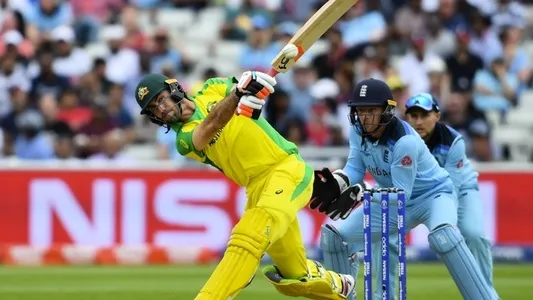 Glenn Maxwell in action today during the ICC Cricket World Cup Semi Final match between Australia and England, at Edgbaston