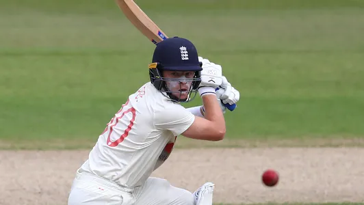 England's Ollie Pope bats during the first day of the third cricket Test match between England and West Indies at Old Trafford in Manchester