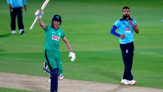 Ireland's Harry Tector reacts as they run the winning run leading Ireland to victory in the third One Day International cricket match between England and Ireland at the Ageas Bowl in Southampton