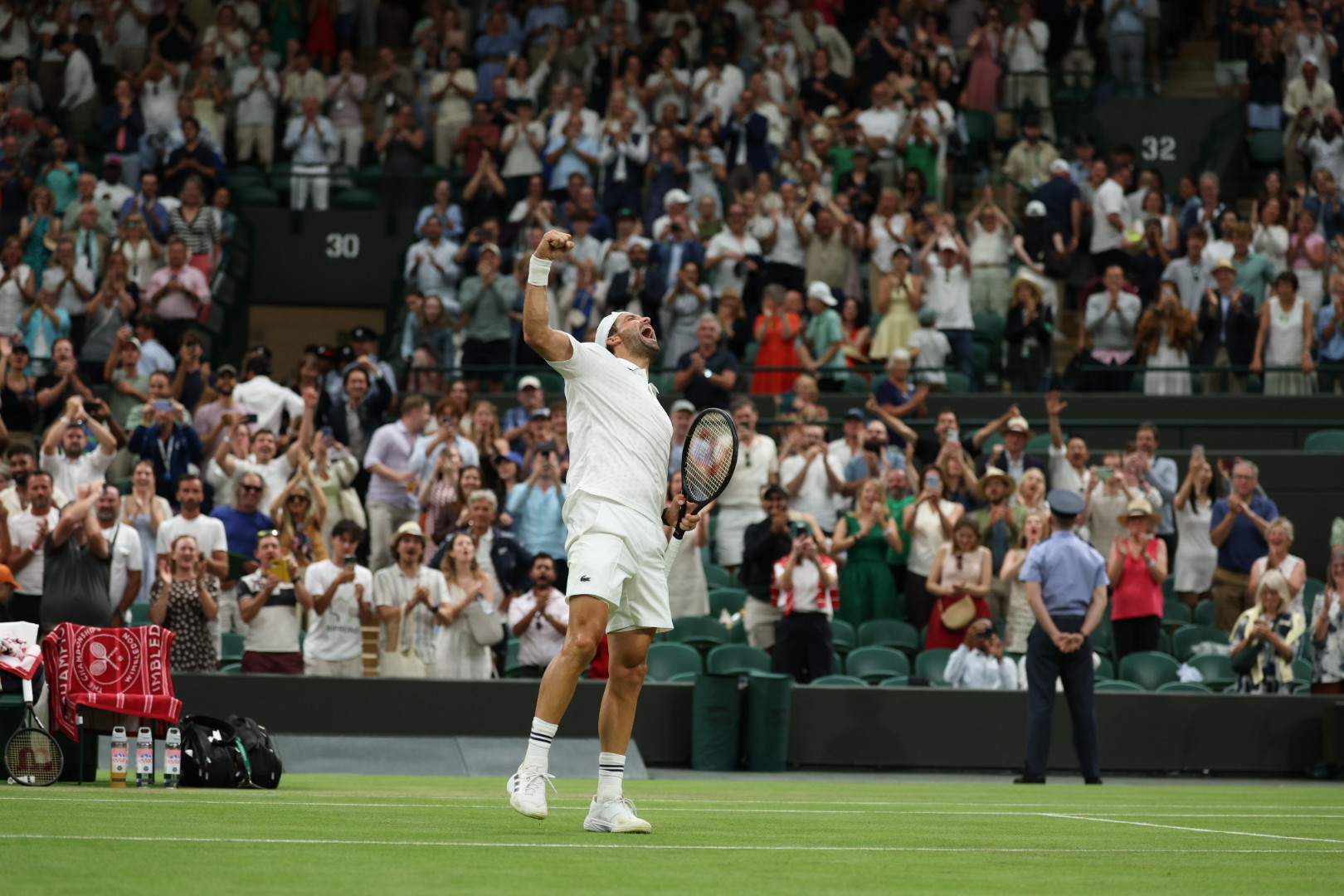 Grigor Dimitrov celebrates his second-round victory over Jakub Mensik (not pictured) at Wimbledon. July 2, 2026. London, UK. Photo credit: The Championships.